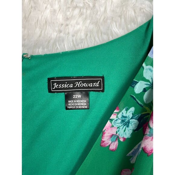 Jessica Howard Size 22W Green Floral Print Short Sleeve Belted Midi Dress - Picture 4 of 8